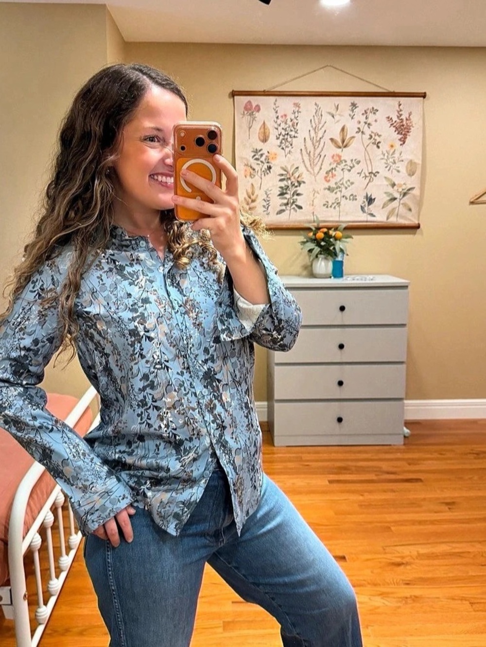 Orvis Floral Silk Button Down Blue Size Small Like New Floral Pattern
